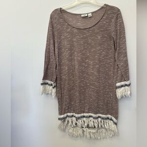 Cato Brown/Taupe/Tan Tunic with Fringe Accents Boho Pullover Top